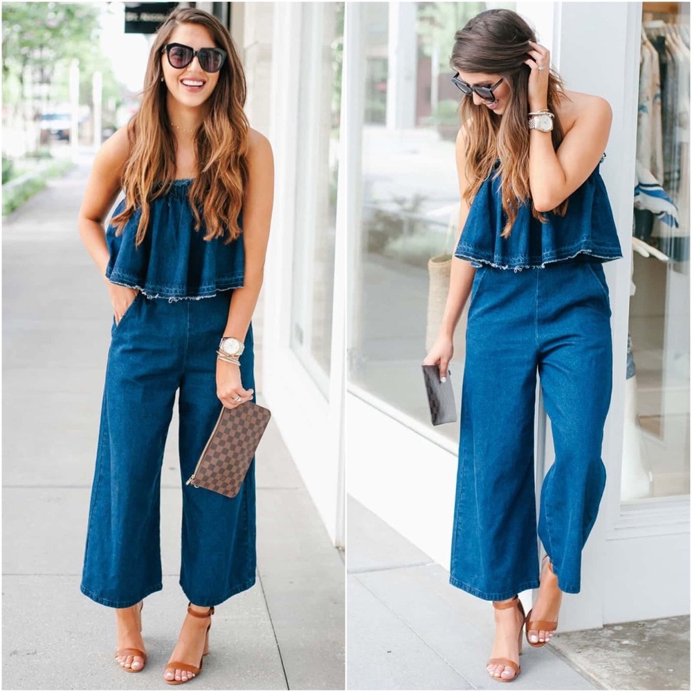 Anthropologie Tiered Denim Cute Strapless Jumpsuit - Picture 1 of 13